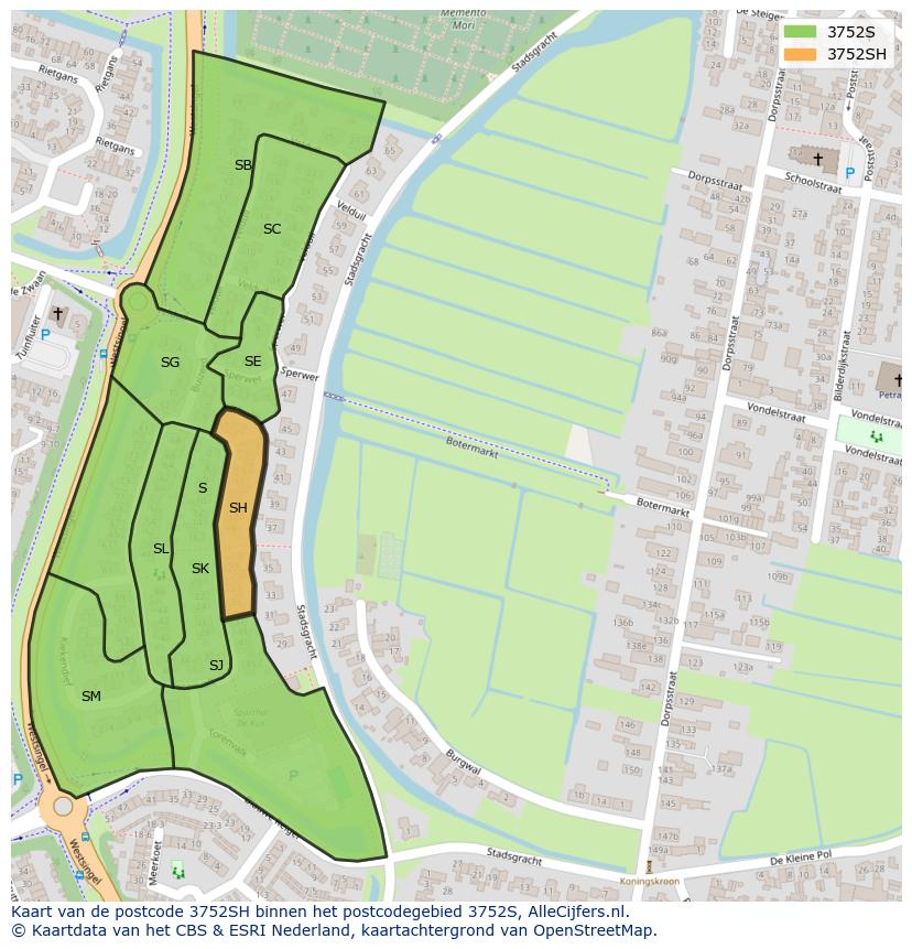 Afbeelding van het postcodegebied 3752 SH op de kaart.