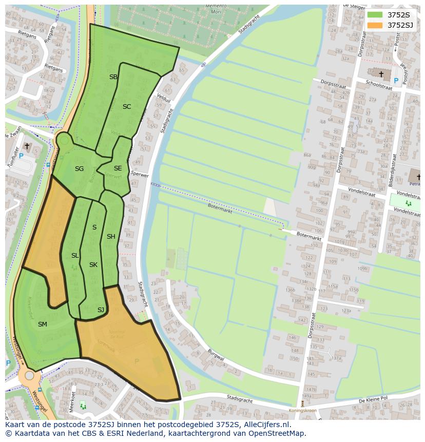 Afbeelding van het postcodegebied 3752 SJ op de kaart.