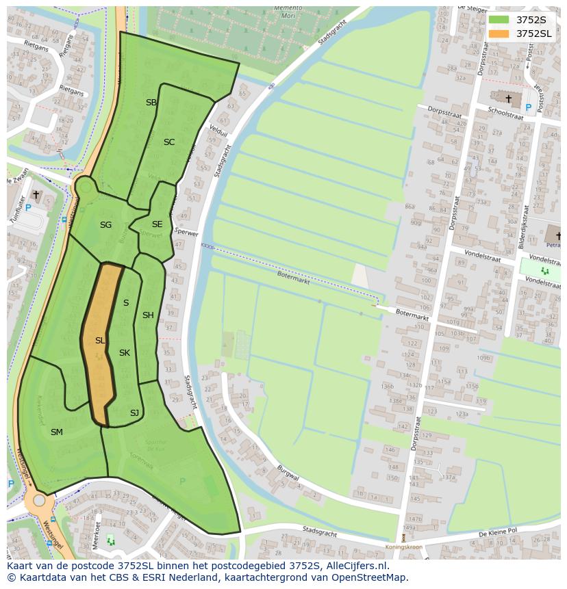 Afbeelding van het postcodegebied 3752 SL op de kaart.