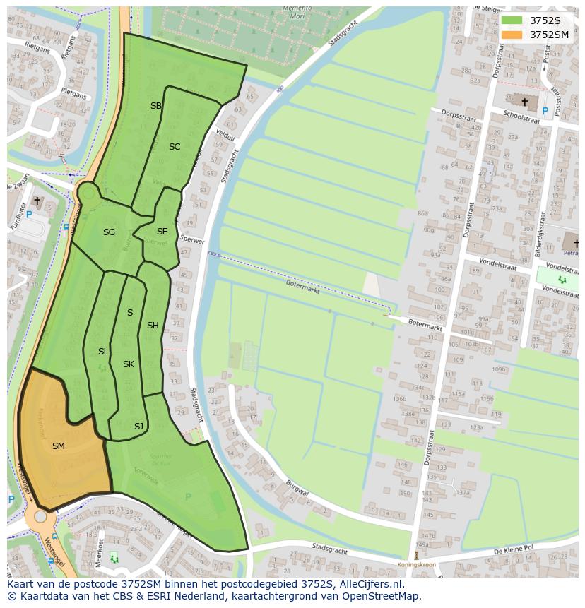 Afbeelding van het postcodegebied 3752 SM op de kaart.