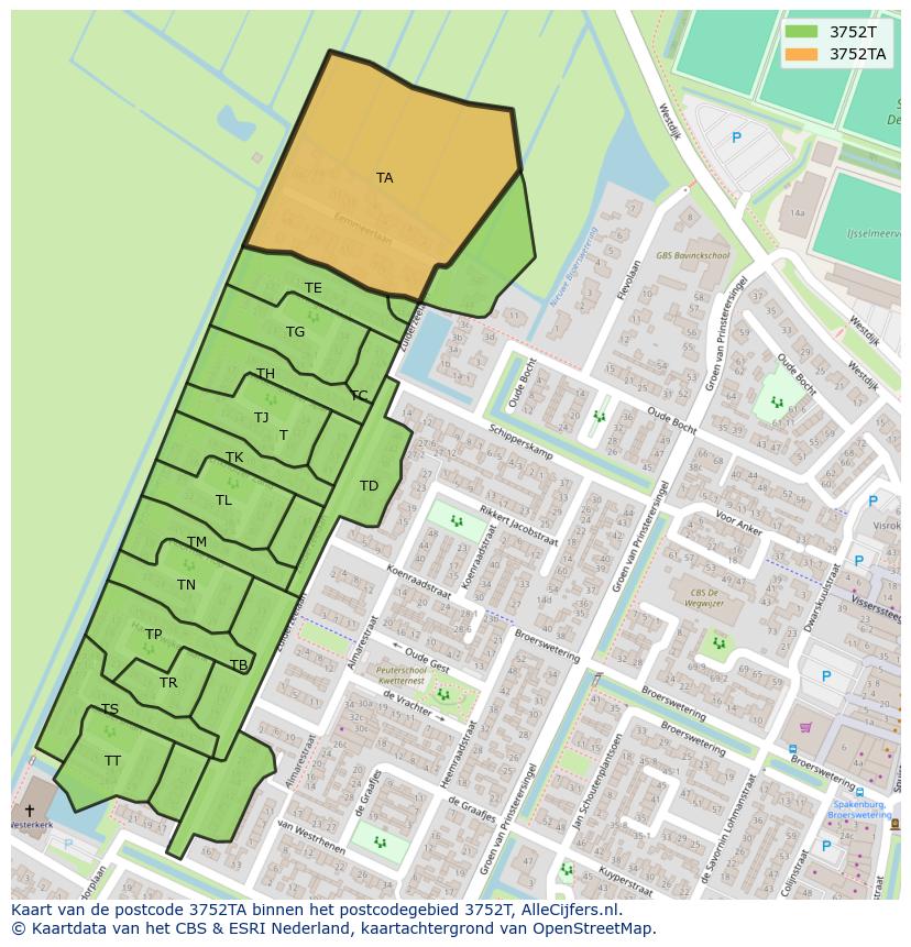 Afbeelding van het postcodegebied 3752 TA op de kaart.
