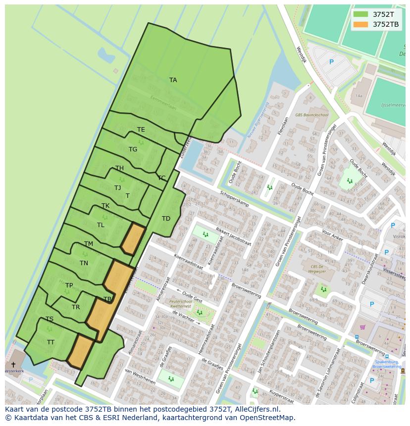 Afbeelding van het postcodegebied 3752 TB op de kaart.