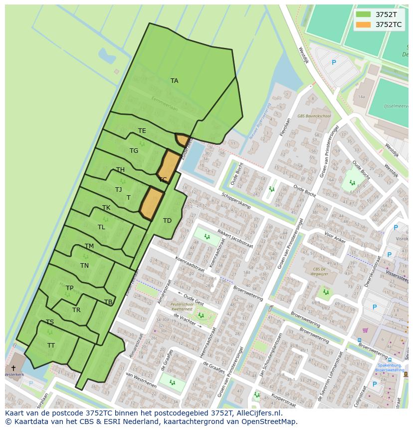 Afbeelding van het postcodegebied 3752 TC op de kaart.