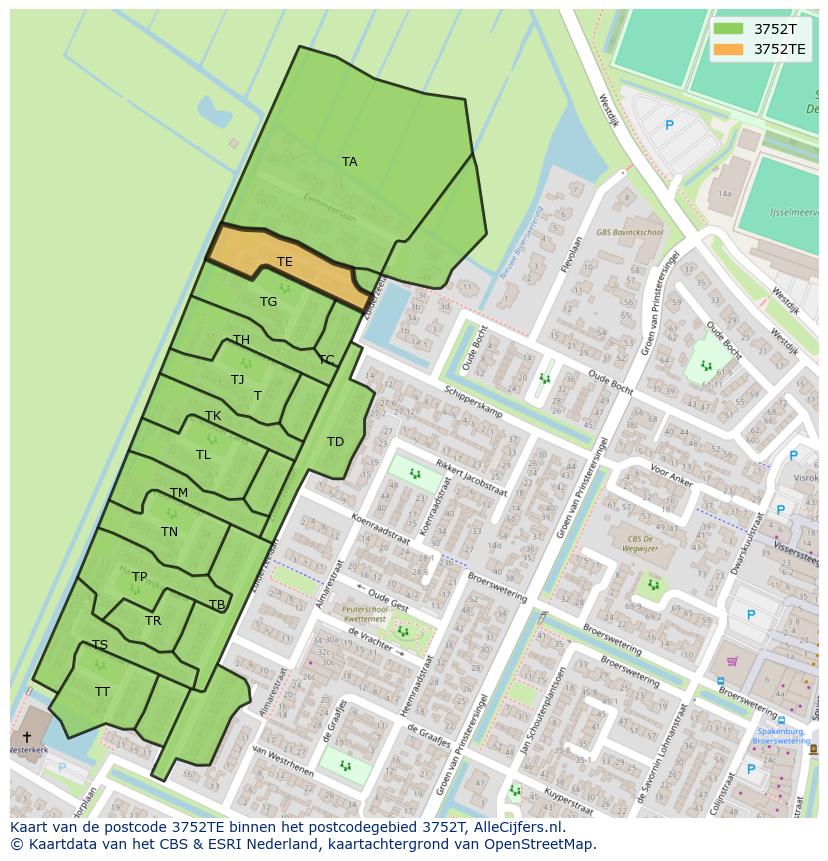 Afbeelding van het postcodegebied 3752 TE op de kaart.