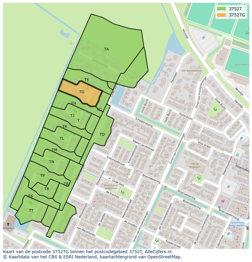 Afbeelding van het postcodegebied 3752 TG op de kaart.