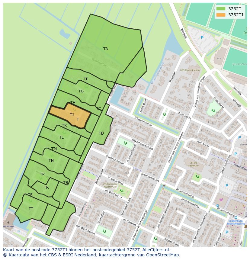 Afbeelding van het postcodegebied 3752 TJ op de kaart.