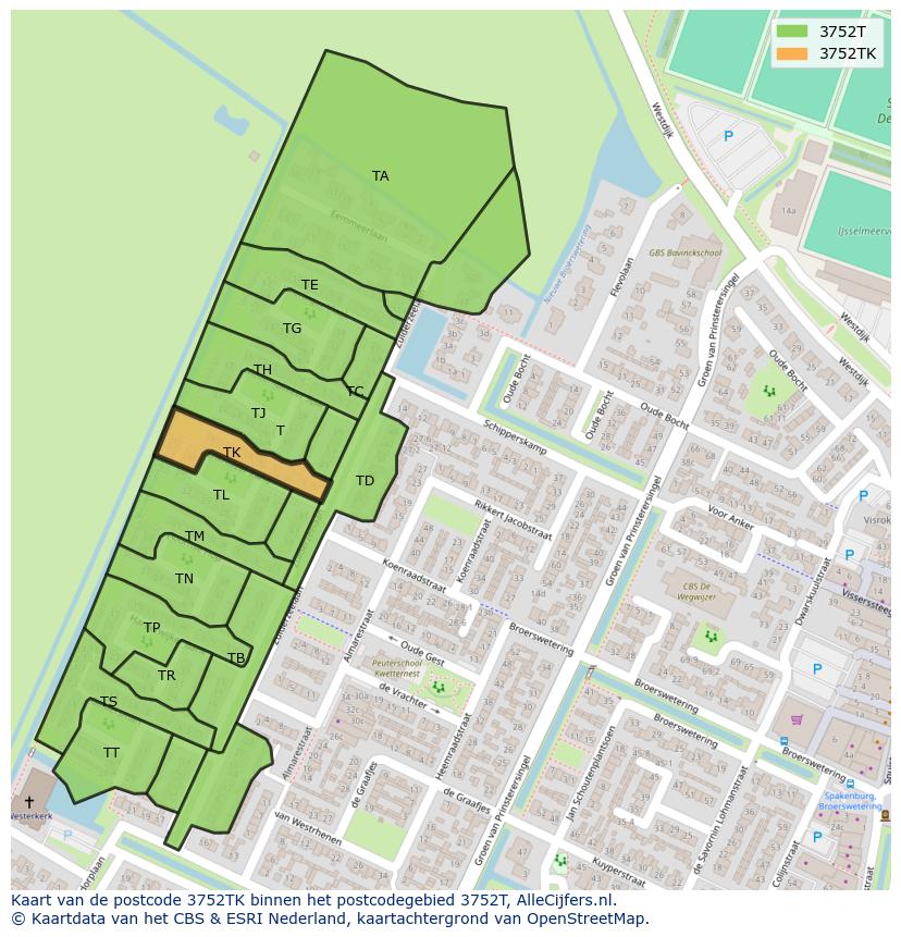 Afbeelding van het postcodegebied 3752 TK op de kaart.