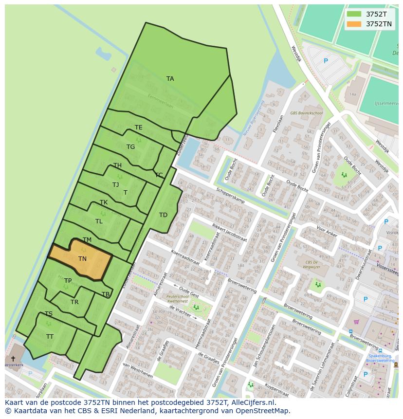 Afbeelding van het postcodegebied 3752 TN op de kaart.