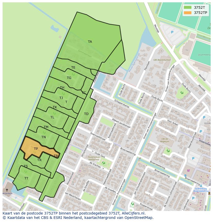 Afbeelding van het postcodegebied 3752 TP op de kaart.