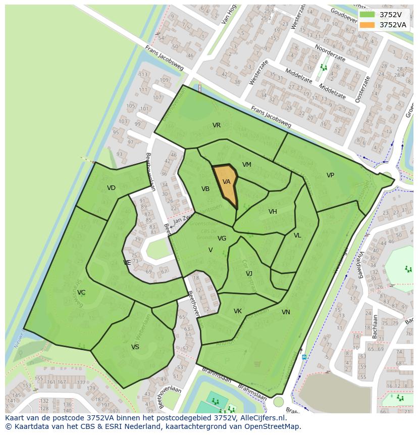 Afbeelding van het postcodegebied 3752 VA op de kaart.