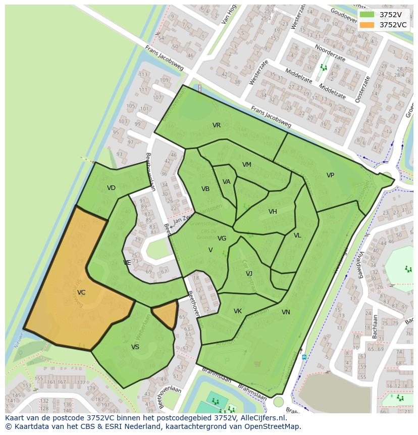 Afbeelding van het postcodegebied 3752 VC op de kaart.