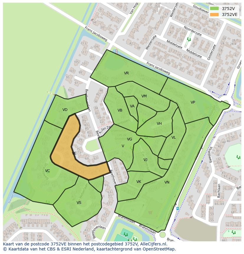 Afbeelding van het postcodegebied 3752 VE op de kaart.