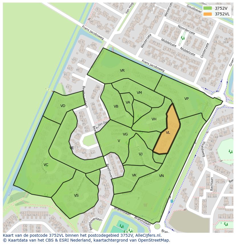Afbeelding van het postcodegebied 3752 VL op de kaart.