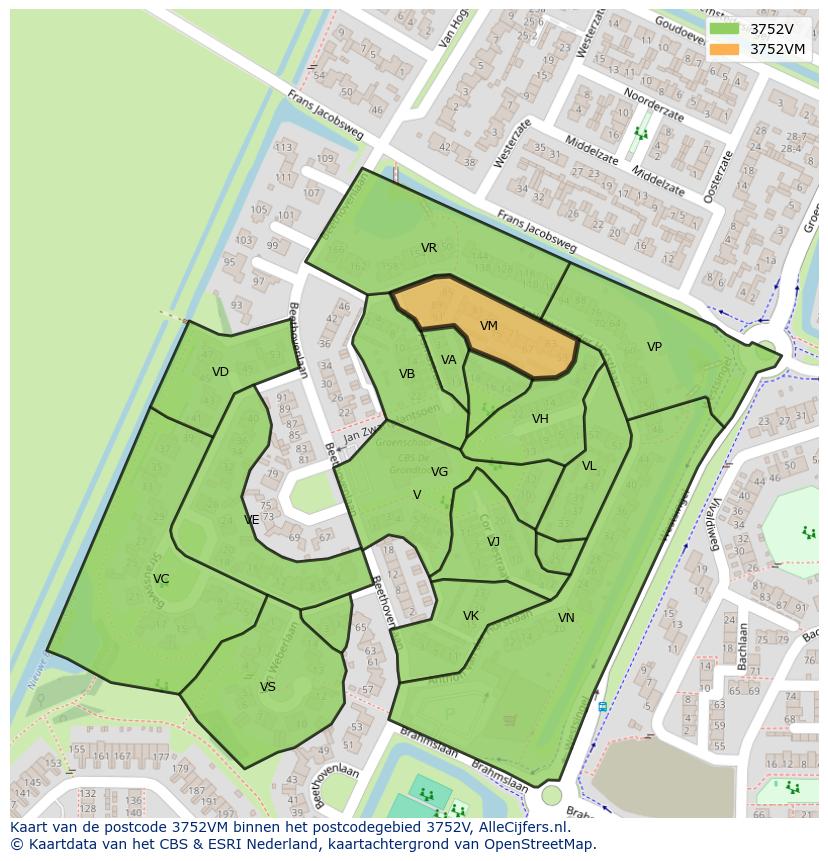 Afbeelding van het postcodegebied 3752 VM op de kaart.
