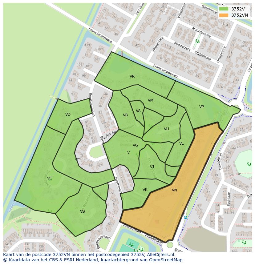 Afbeelding van het postcodegebied 3752 VN op de kaart.