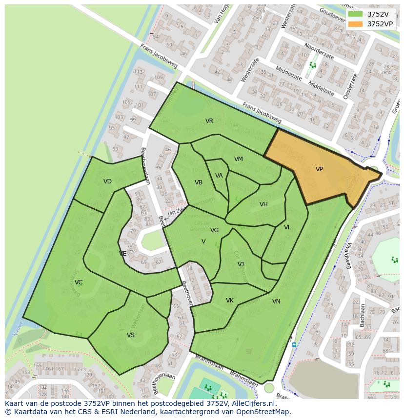 Afbeelding van het postcodegebied 3752 VP op de kaart.