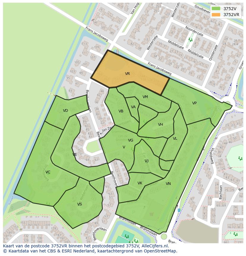 Afbeelding van het postcodegebied 3752 VR op de kaart.