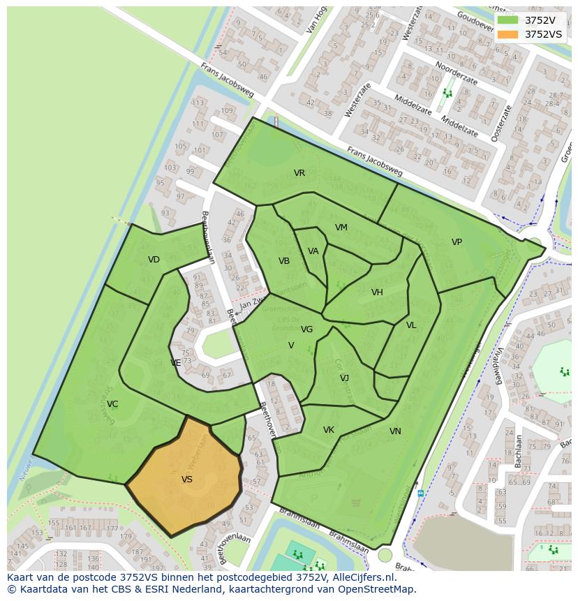 Afbeelding van het postcodegebied 3752 VS op de kaart.
