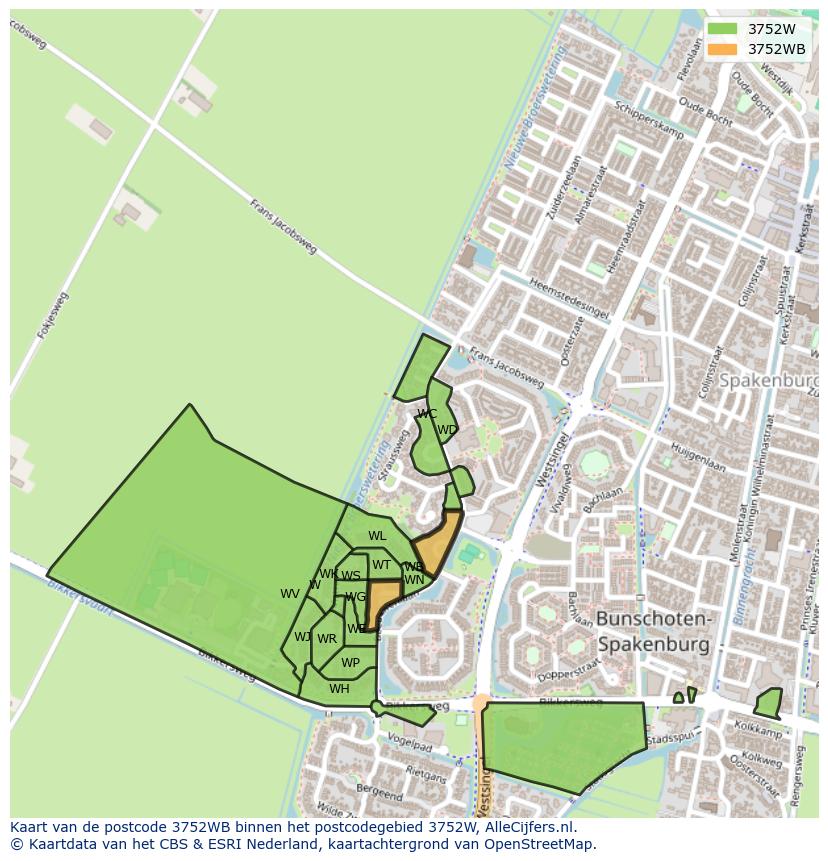 Afbeelding van het postcodegebied 3752 WB op de kaart.