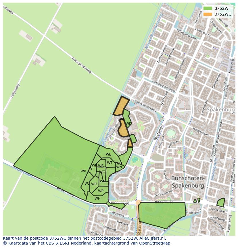 Afbeelding van het postcodegebied 3752 WC op de kaart.