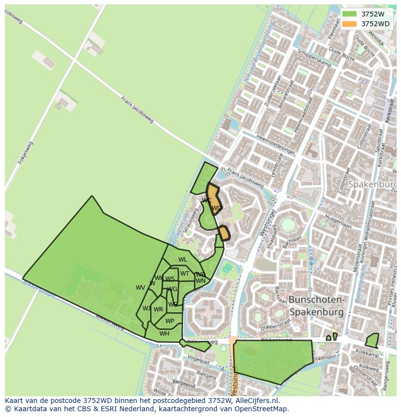 Afbeelding van het postcodegebied 3752 WD op de kaart.
