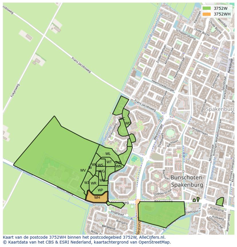 Afbeelding van het postcodegebied 3752 WH op de kaart.