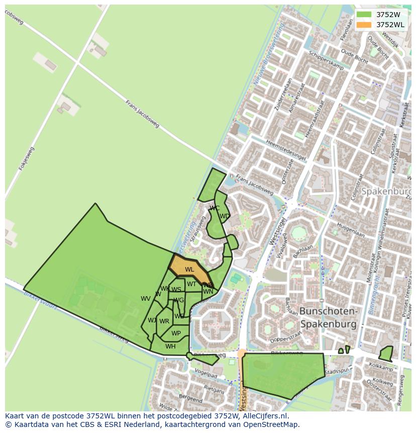 Afbeelding van het postcodegebied 3752 WL op de kaart.