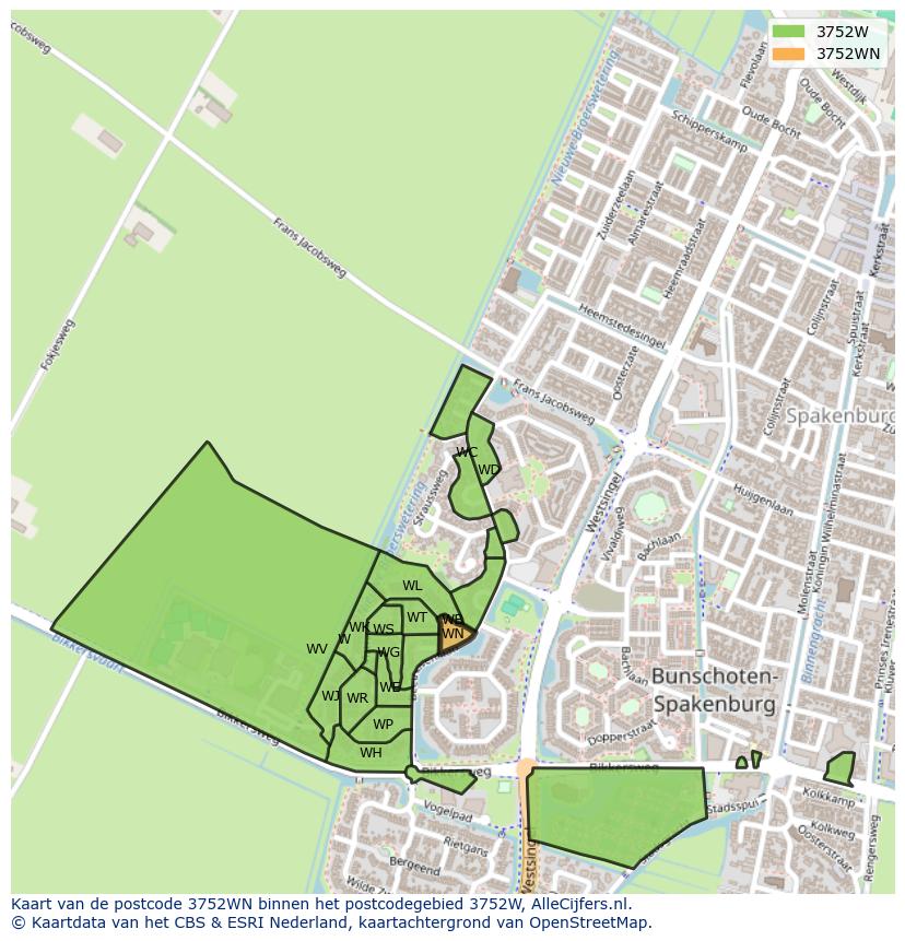 Afbeelding van het postcodegebied 3752 WN op de kaart.