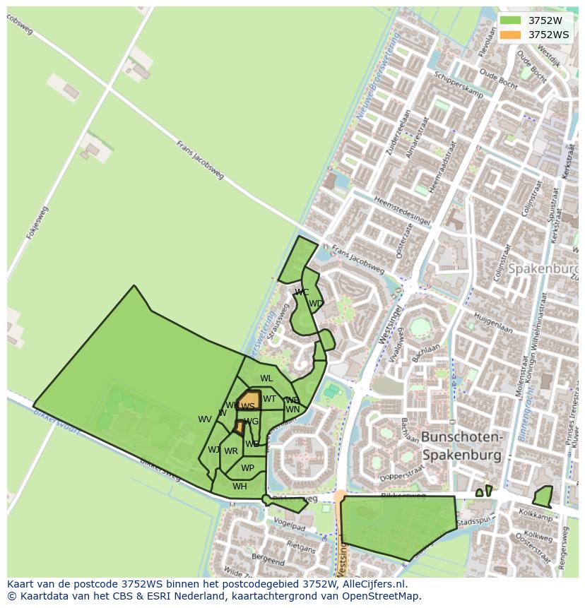 Afbeelding van het postcodegebied 3752 WS op de kaart.