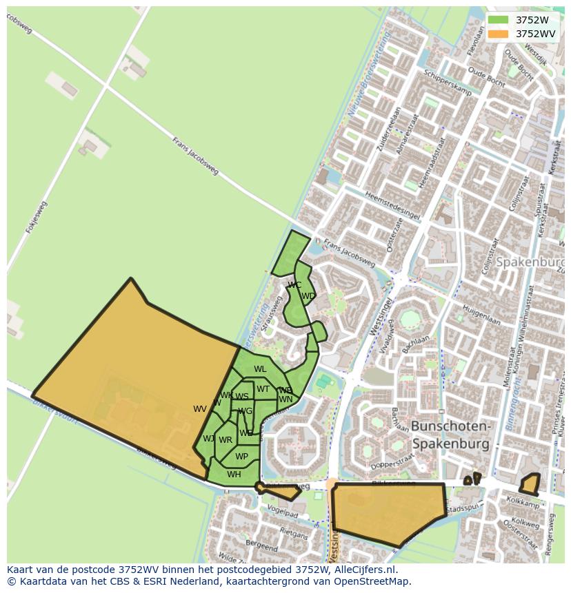 Afbeelding van het postcodegebied 3752 WV op de kaart.