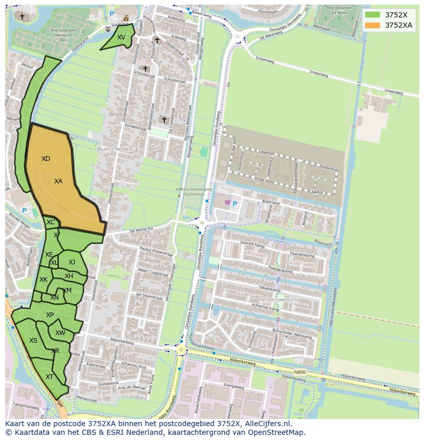 Afbeelding van het postcodegebied 3752 XA op de kaart.