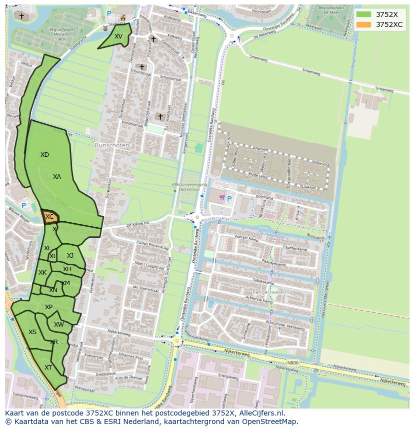 Afbeelding van het postcodegebied 3752 XC op de kaart.