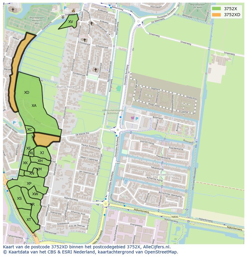 Afbeelding van het postcodegebied 3752 XD op de kaart.
