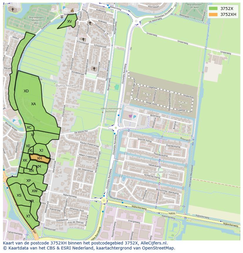 Afbeelding van het postcodegebied 3752 XH op de kaart.