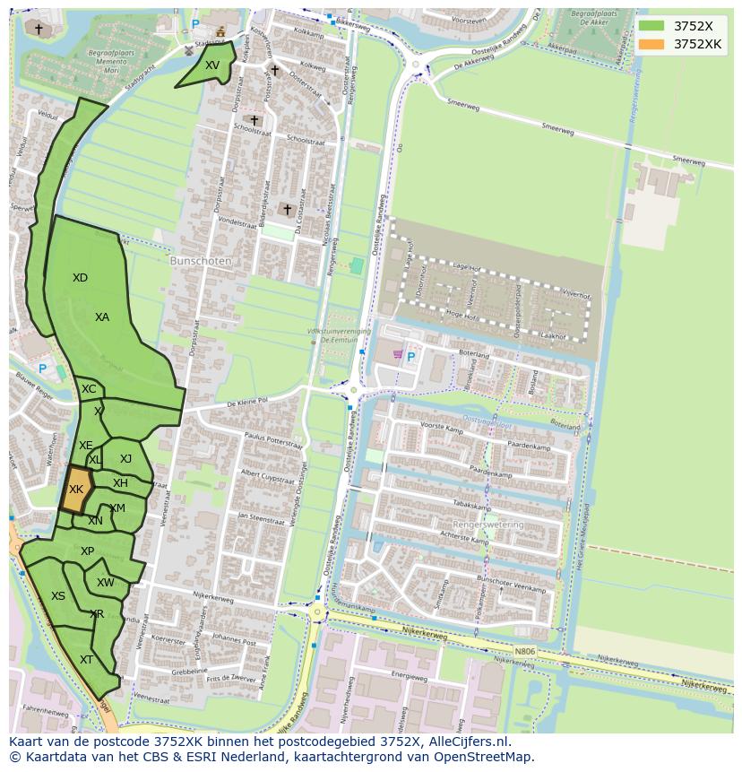 Afbeelding van het postcodegebied 3752 XK op de kaart.