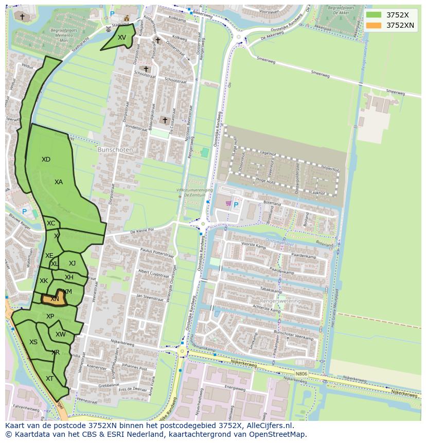 Afbeelding van het postcodegebied 3752 XN op de kaart.