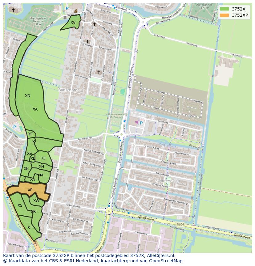 Afbeelding van het postcodegebied 3752 XP op de kaart.