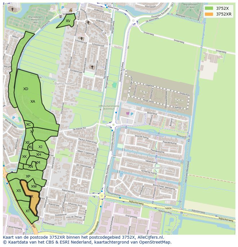 Afbeelding van het postcodegebied 3752 XR op de kaart.