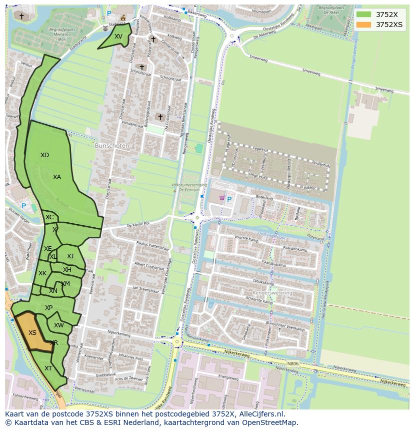 Afbeelding van het postcodegebied 3752 XS op de kaart.