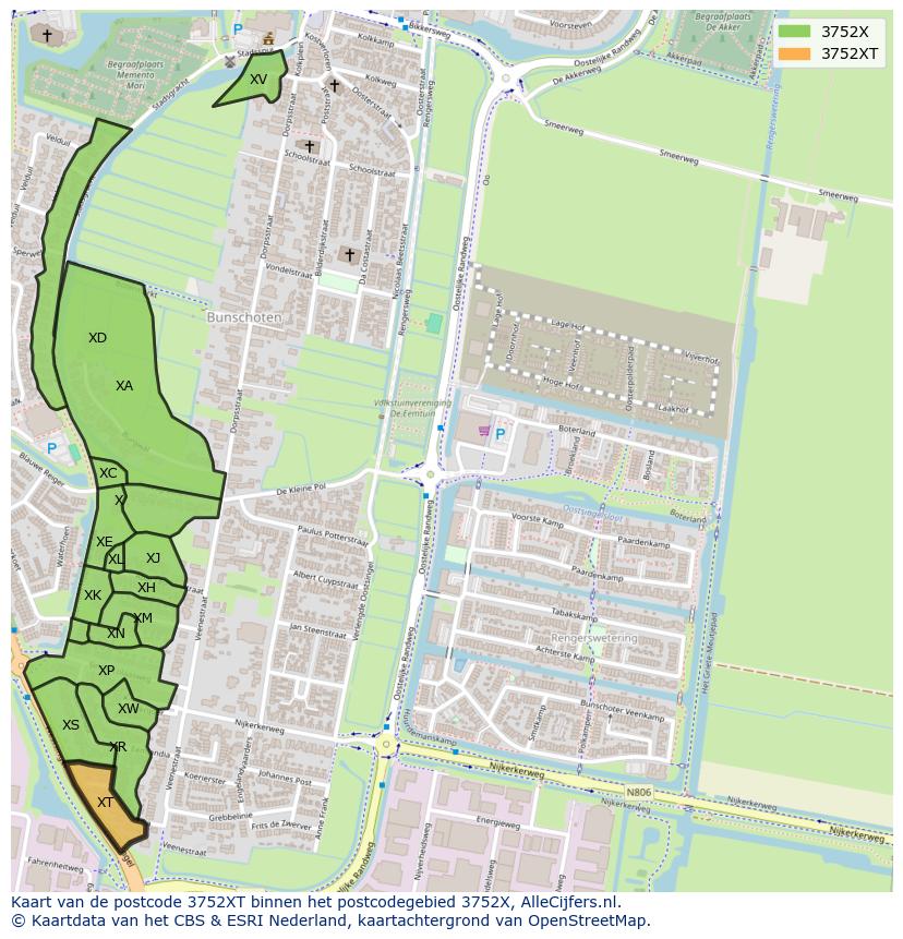 Afbeelding van het postcodegebied 3752 XT op de kaart.