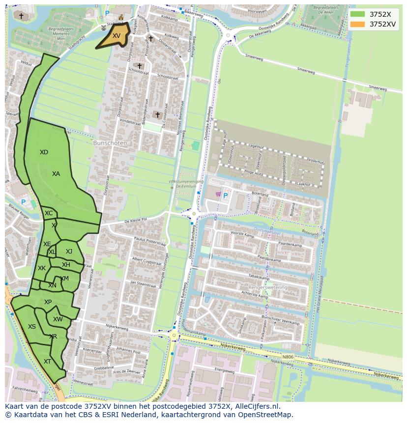 Afbeelding van het postcodegebied 3752 XV op de kaart.