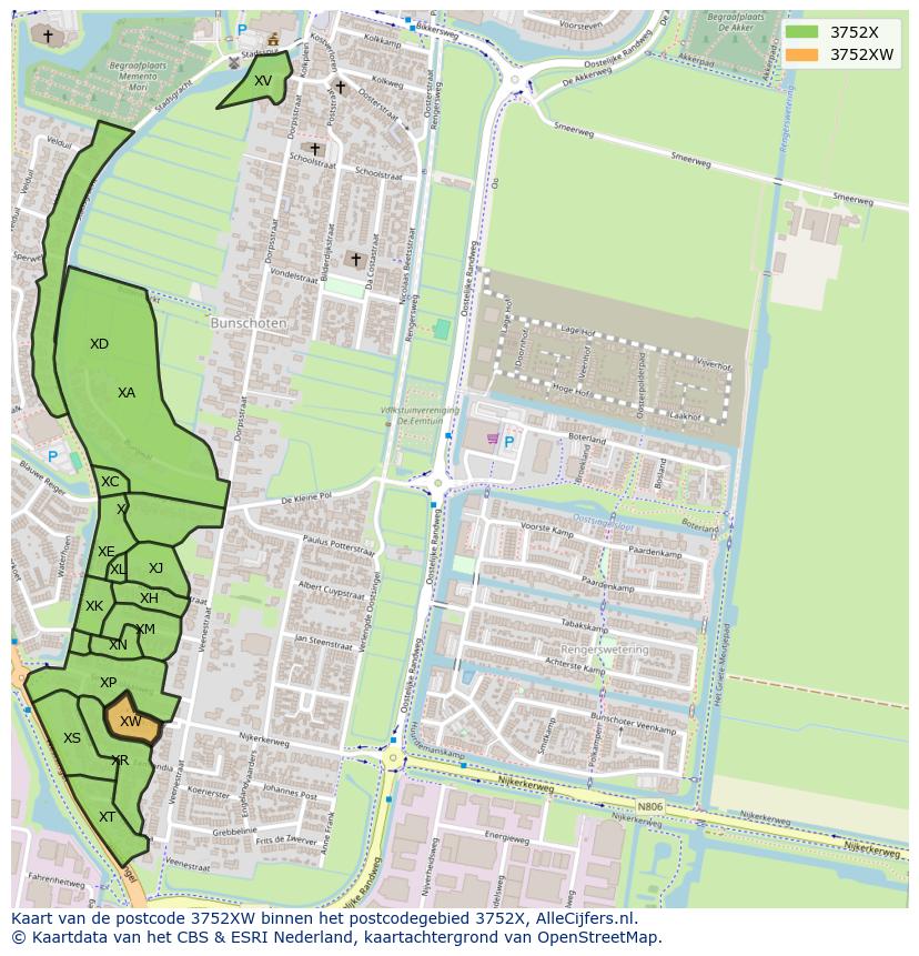 Afbeelding van het postcodegebied 3752 XW op de kaart.