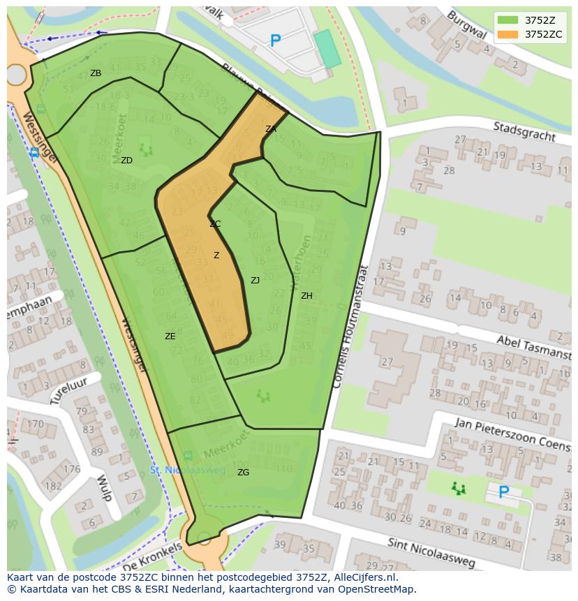 Afbeelding van het postcodegebied 3752 ZC op de kaart.
