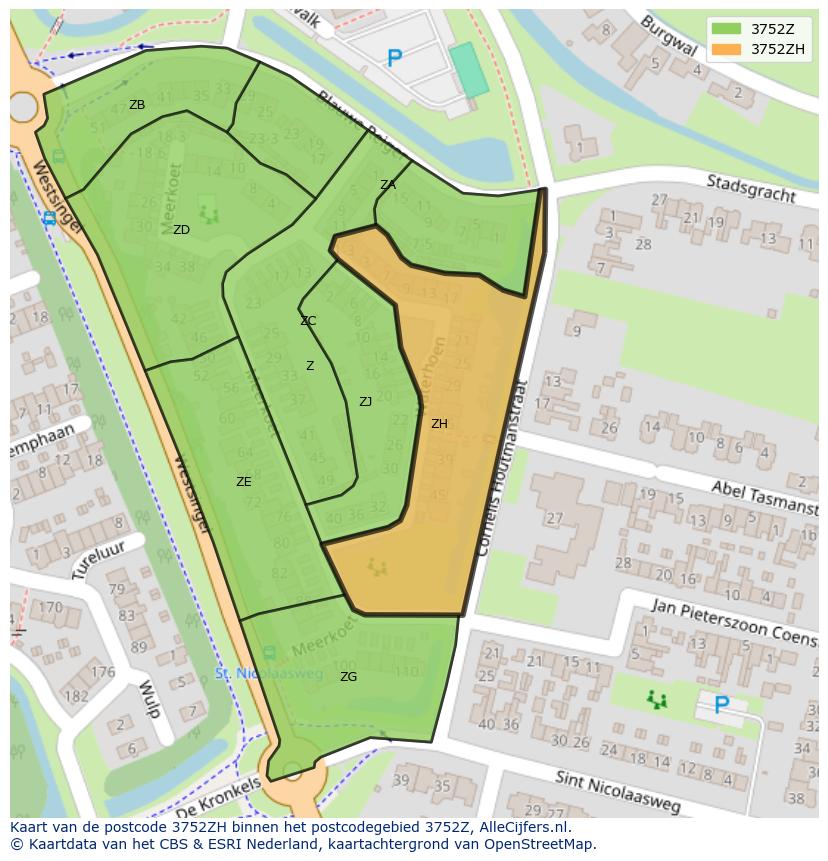 Afbeelding van het postcodegebied 3752 ZH op de kaart.