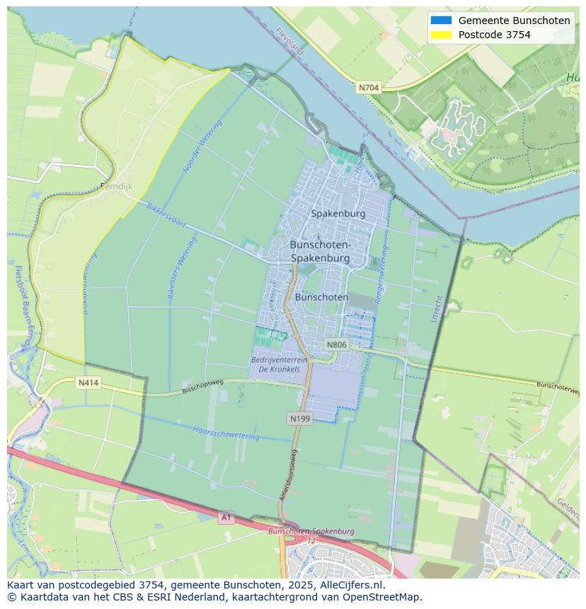 Afbeelding van het postcodegebied 3754 op de kaart.