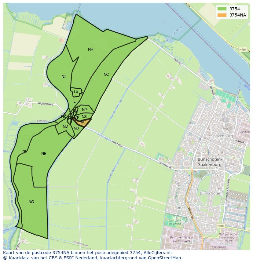Afbeelding van het postcodegebied 3754 NA op de kaart.