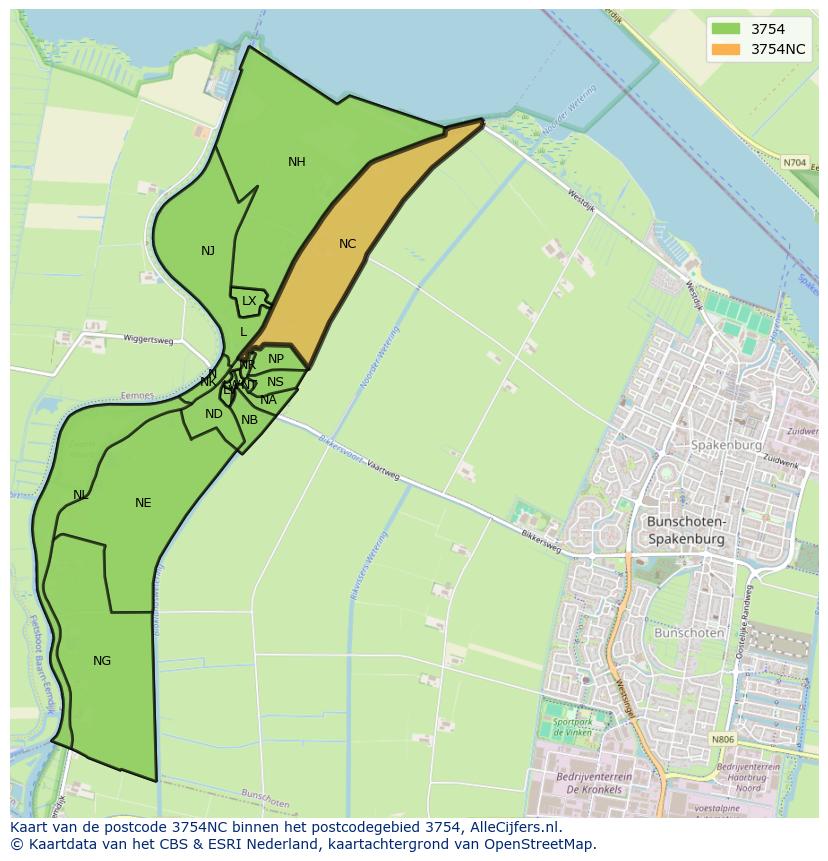 Afbeelding van het postcodegebied 3754 NC op de kaart.