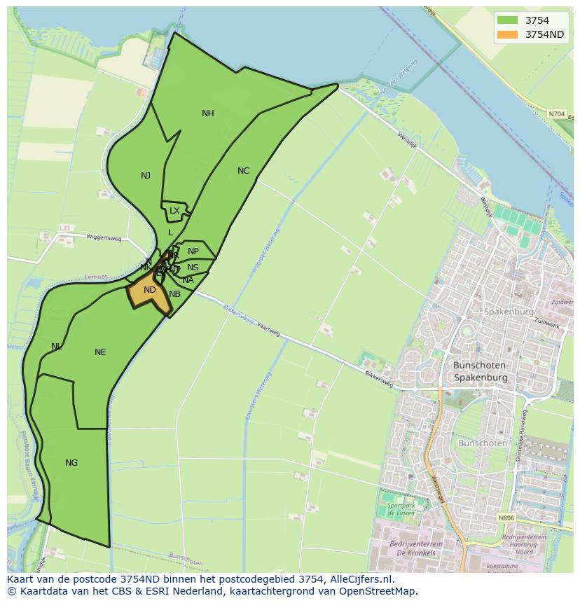 Afbeelding van het postcodegebied 3754 ND op de kaart.