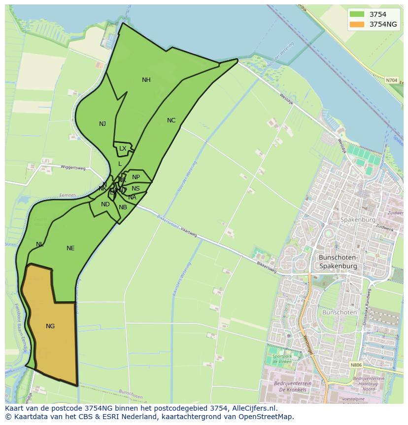 Afbeelding van het postcodegebied 3754 NG op de kaart.