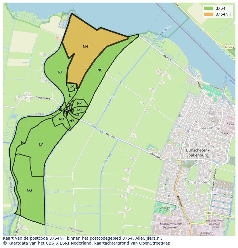 Afbeelding van het postcodegebied 3754 NH op de kaart.